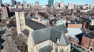 4K Drone View: Cathedral of the Holy Cross & Boston's South End - Massachusetts Cityscapes Short