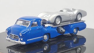 NOREV 1/64 Mercedes Benz Racing car trasnporter Renntransporter 1995+W196 Spider 1995// BLUE+SILVER