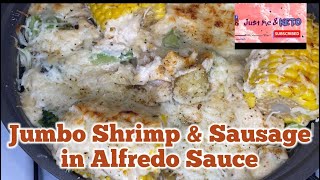 Miriam It’s So Good |Jumbo Shrimp & Sausage in homemade Alfredo Sauce | keto recipe + Mukbang