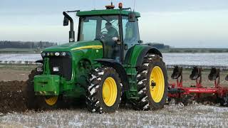 Powerful John Deere 8220 Ploughing in Snowy Field