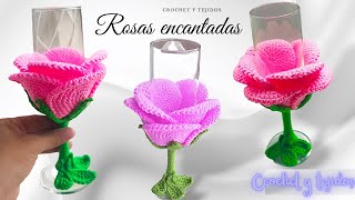 💛🧡💚💙 HERMOSISIMA ROSA ENCATADA Elegancia Tejida sobre una Copa a crochet \ rosas a crochet