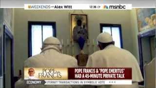 Pope Francis I and Benedict XVI praying to a Black Madonna