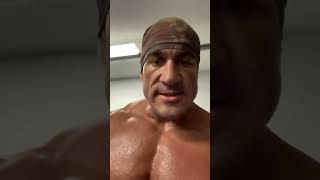 Giant muscle daddy Antoine Vaillant showing off his big chest while on treadmill