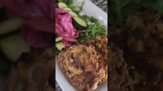 Tonight's Vegan Dinner:Crabless 🦀  crab cakes x Vegan Fried Shrimp w/ a Pickled Red Cabbage salad