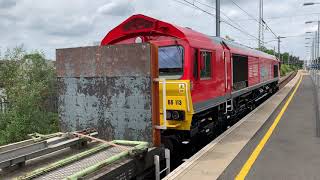 DB class 66, 66113 departing Biggleswade with the Plasmor empties to Heck - 09/06/20