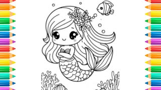 How to Draw a Mermaid Princess for Kids 💜💚💖Mermaid Princess Drawing and Coloring  #drawsocute