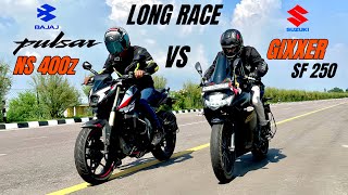 bajaj pulsar ns 400z vs suzuki Gixxer sf 250 | Long race | shocking results 😱