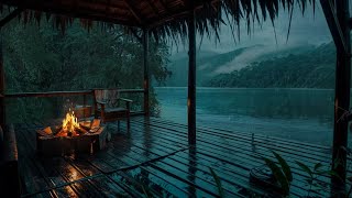 Relax On The Balcony With Lake Shore View ⛈️Crackling Fireplace, Heavy Rain & Thunder For Deep Sleep