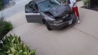 Guy Jumps On Hood Of Car To Fix Smashes Front End