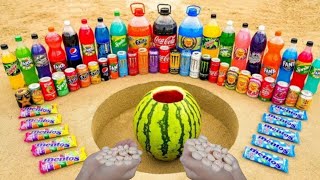 Experiment:  Watermelon vs Big Coca-Cola, Fanta, Chupa Chups, Monster, Mtn Dew, Sprite and Mentos !