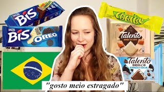 Gringa alemã provando e AVALIANDO DOCES BRASILEIROS (Bis,Talento, Caribe)