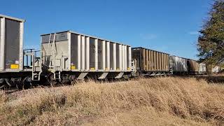 A South Kansas & Oklahoma Railroad loaded rock train approaches Burden, KS on November 1, 2024.