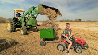 Moving hay and playing in the water with tractors | Tractors for kids