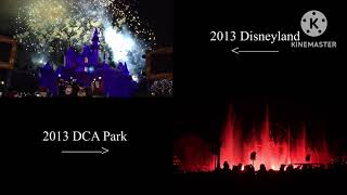 {100% synchronized) 2012-13 New Years Midnight Fireworks (Disneyland vs Paradise Pier) (w/ music)