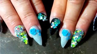 Fresh Nail Art Design | Easy Nail Art | Sparkly Nails | 3D Flowers and Glitter Nails