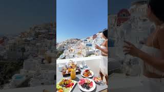 Breakfast with a perfect view of the Santorini blue domes 💙 #greece #santorini #travel