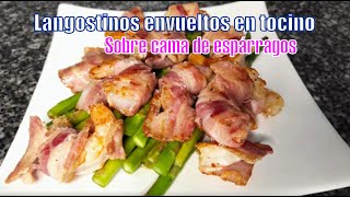 🦐 LANGOSTINOS ENVUELTOS en TOCINO sobre cama de espárragos