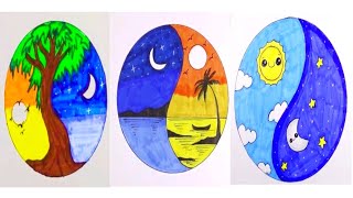 Day and night scenery drawing || Circle drawing for beginners || Easy drawing ideas for beginners