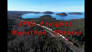 CPKC Railway trains passing Marathon, Ontario, Canada ~ May, 2024