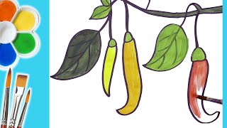 Draw and color Chili Peppers branch | Acrylic color | Coloring Pages