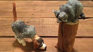 Painting Woodcarving of a Bluetick Hound and Raccoon Scene