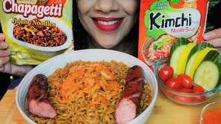 ASMR Black Bean & Kimchi Noodles (mixed), Kimchi, Sausage | Eating Sounds | No Talking