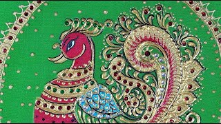 Tanjore Style Fabric Painting #67 l Another different beautiful Tanjore Peacock Painting on blouse