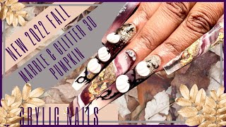 New 2022 Fall Marble Ombré Plum&Gold 3D Pumpkin Nails