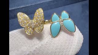 Van Cleef 18K Gold Diamond & Turquoise Two Butterfly Between the Finger Ring VCARP7UZ00