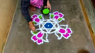 Margazhi madham rose colour kolam designs|5 dots dhanurmasam muggulu|new year colour rangoli 2024