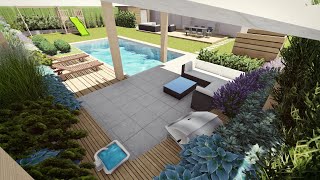 Ein Garten mit Pool und Outdoor-Küche / Sketchup