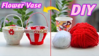 Easy Craft Idea | Make a flower vase from a Paper Cup and woolen yarn | Woolen Flowers vase DIY #diy