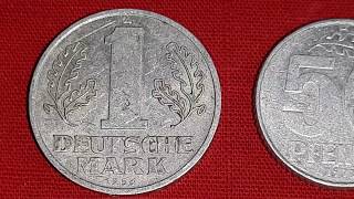 East Germany coins 1 Deutsche Mark 1956, 50 Pfennig 1971, 10 Pfennig 1952, 1 Pfennig 1960 & 1950