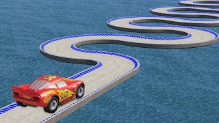 Lightning McQueen Vs Impossible Snake Shape Bridge Crossing Cars Vs Deep Water - BeamNG.Drive