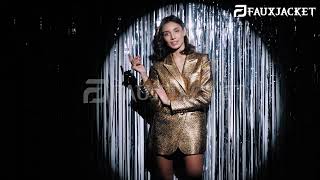 Young Beautiful Smiling Brunette Female in Trendy Golden Blazer | Faux Jacket