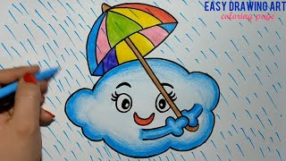 cute cloud with colorful umbrella drawing coloring page for kids | kawaii cloud rainy season drawing