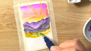 Draw mini sunrise scenery with watercolor for beginners