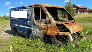 Abandoned and burned Peugeot Boxer at an abandoned farm