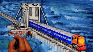 Train Crossing Sea - The PAMBAM sea bridge Painting