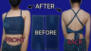 DIY || TURNING LEFTOVER FABRICS (JEANS) INTO SPAGHETTI STRAP TIED-BACK CROPTOP || AngelSew