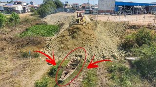 Action Strange Push Soil Clear Broken Boat To Building Road By BulldozerAnd DumpTruck Unloading Soil