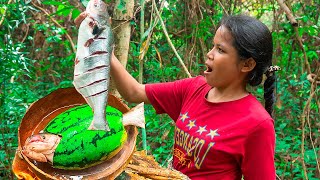 Wilderness Cooking Skills | Find Fish & Cooking In Watermelon | ASMR Hot Spicy Chili Sauce Eating