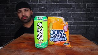 (ASMR) JOLLY RANCHER SOUR GUMMIES AND GHOST WARHEADS SOUR GREEN APPLE ENERGY DRINK REVIEW/RAMBLE