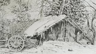 How To Draw And Shade An Old Hut In A Simple Scenery Pencil Art