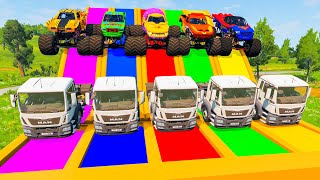 PAINT 5 MAN TRUCKS VS GIANT COLOR WATER SLIDE - Monster Trucks with Long Slide Game - BeamNG Drive