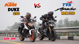 tvs apache RTR 310 vs ktm duke 250 gen-3 | DRAG RACE | shocking result 😱