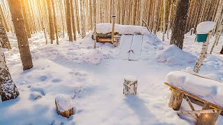 Winter shelter in the wild forest. +25 °C inside. Painted and insulated the door.