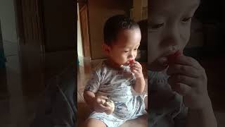 mukbang kanan roti kacang hijau kiri pepaya #bayiviral #bayilucu #babyactivities #babyeatingfood