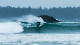 STORMY WINTER BARRELS AND TURNS IN TOFINO, CANADA - POV RAW