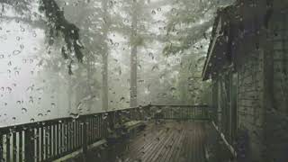 Relaxing rain to fall asleep. Rain and thunderstorm on the terrace in the misty forest